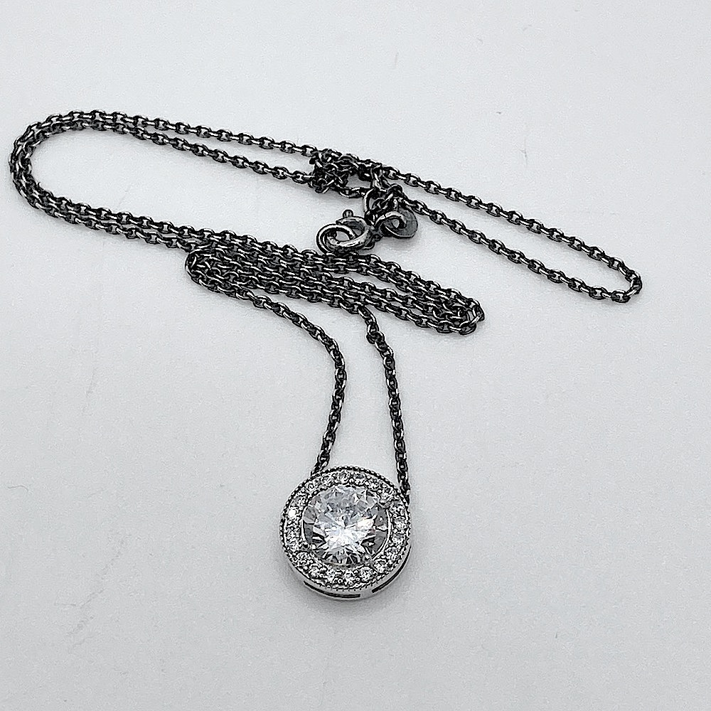 𝅺vintage Sterling Cz Halo Solitaire Pendant w Chain 18” & .5” Pendant